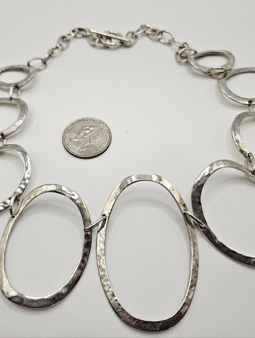Dramatic Chunky Artisan Vintage 925 Pounded Silver Ovals Link Necklace - Picture 2 of 6